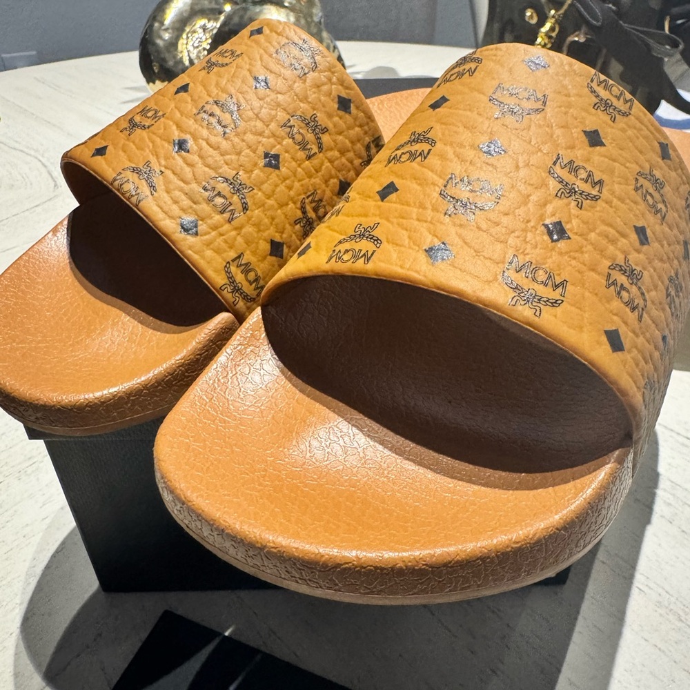 MCM Cognac Monogram Slide Sandals Authentic